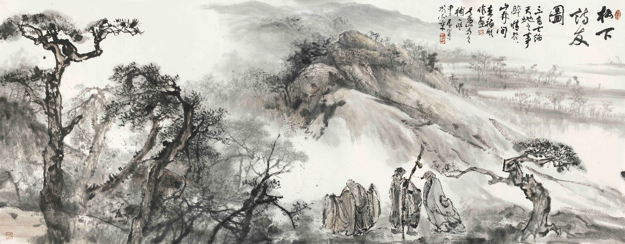 <h2>松下诗友图</h2><p>作者：李福顺</p><p>创作年代：2024年</p><p>规格：367cm×144cm</p><p>品类：纸本</p>